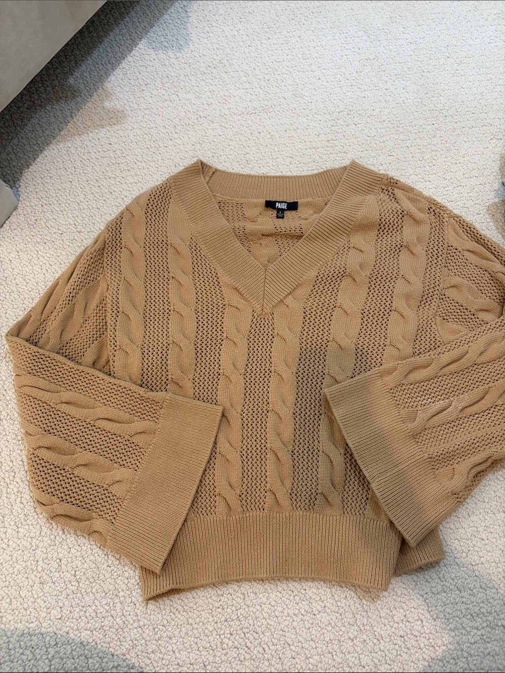 PAIGE Camel Cable & Open-Knit V-Neck Sweater